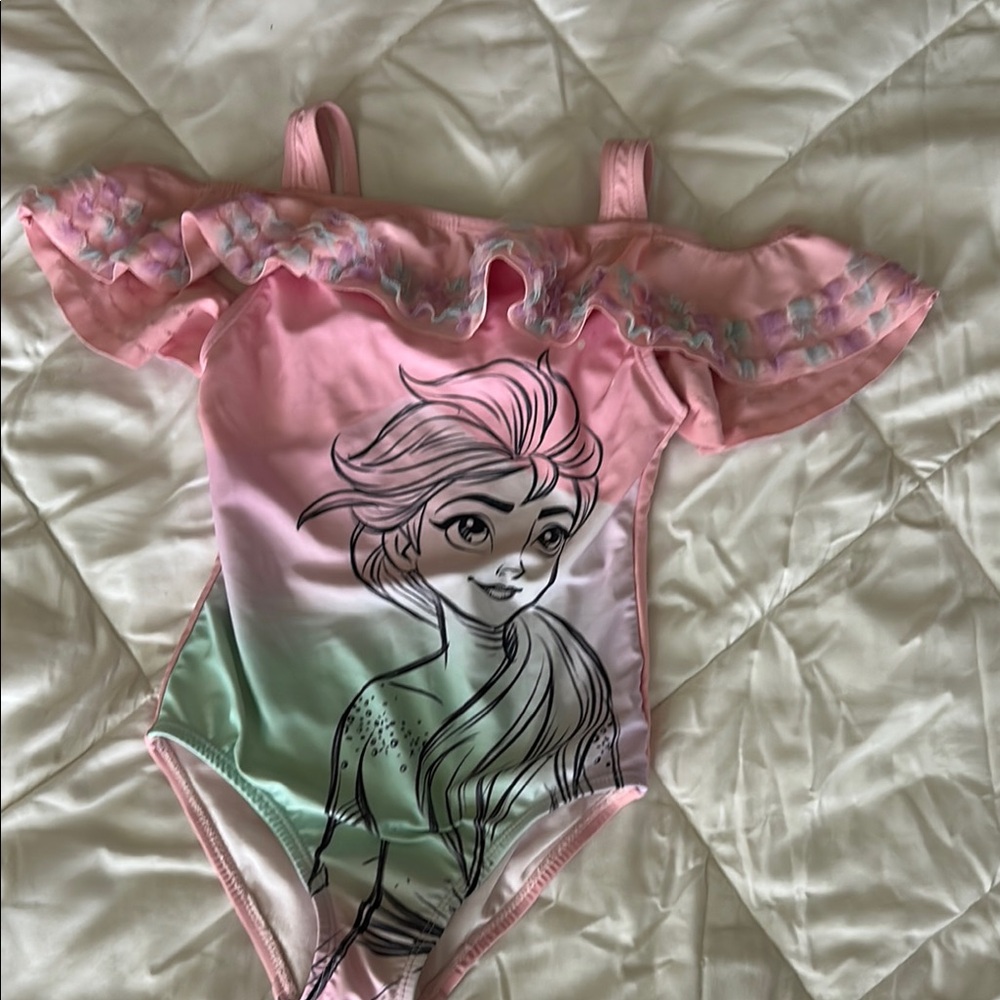 Disney Pink and Green Frozen One Piece Swimsuit with Ruffles